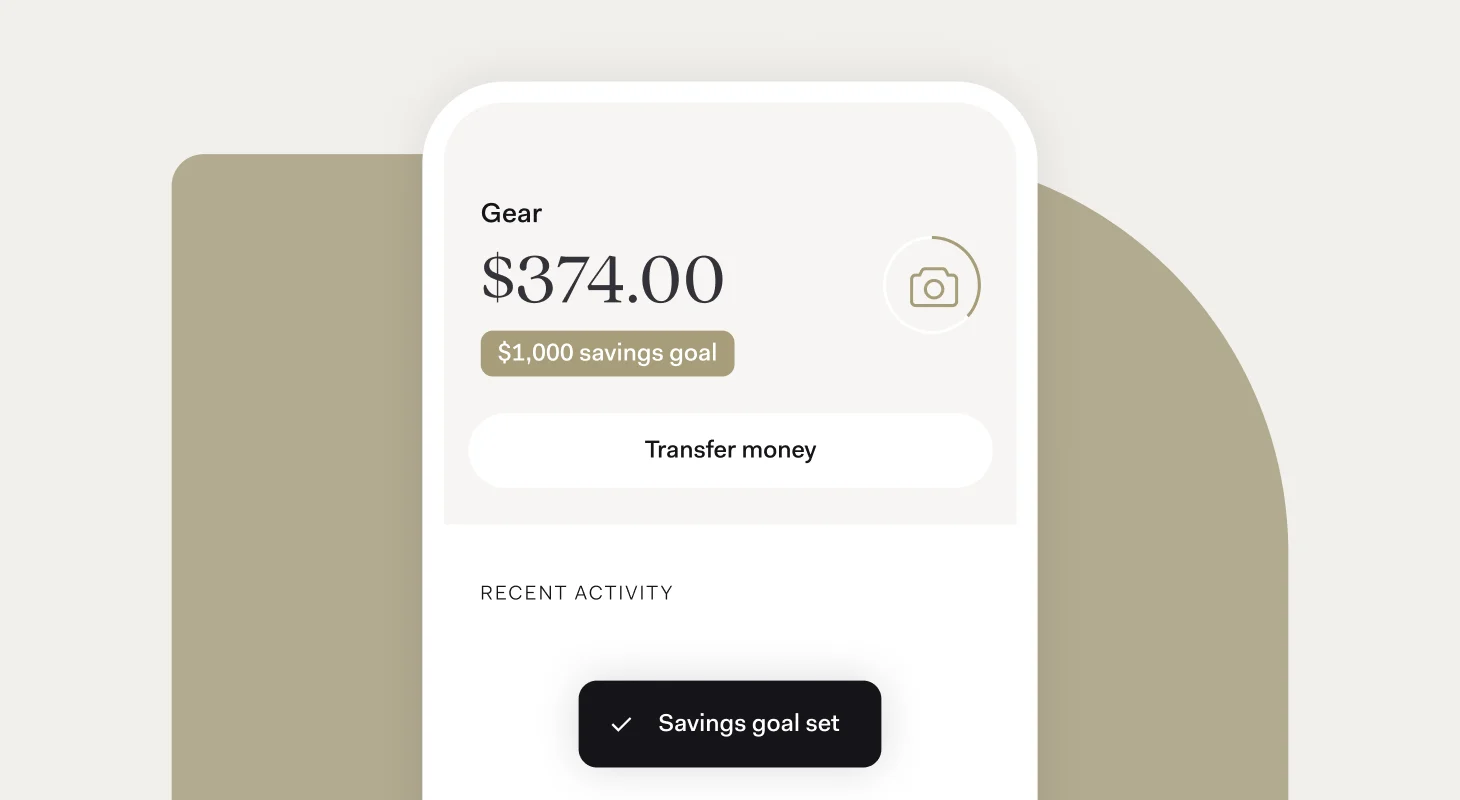 A Found savings pocket named 'Gear' showing a $374.00 balance toward a $1,000 savings goal, a camera icon, and a confirmation that the savings goal was set