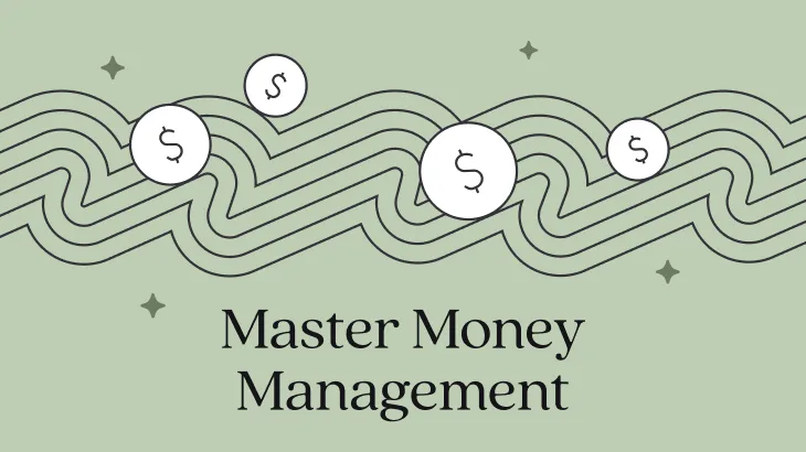 A decorative banner reading 'Master Money Management' over layered wavy lines with floating dollar-sign coins and sparkles