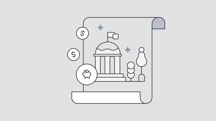 A scroll unrolling to reveal a bank building with a flag, a piggy bank and dollar coins, drawn as a line icon