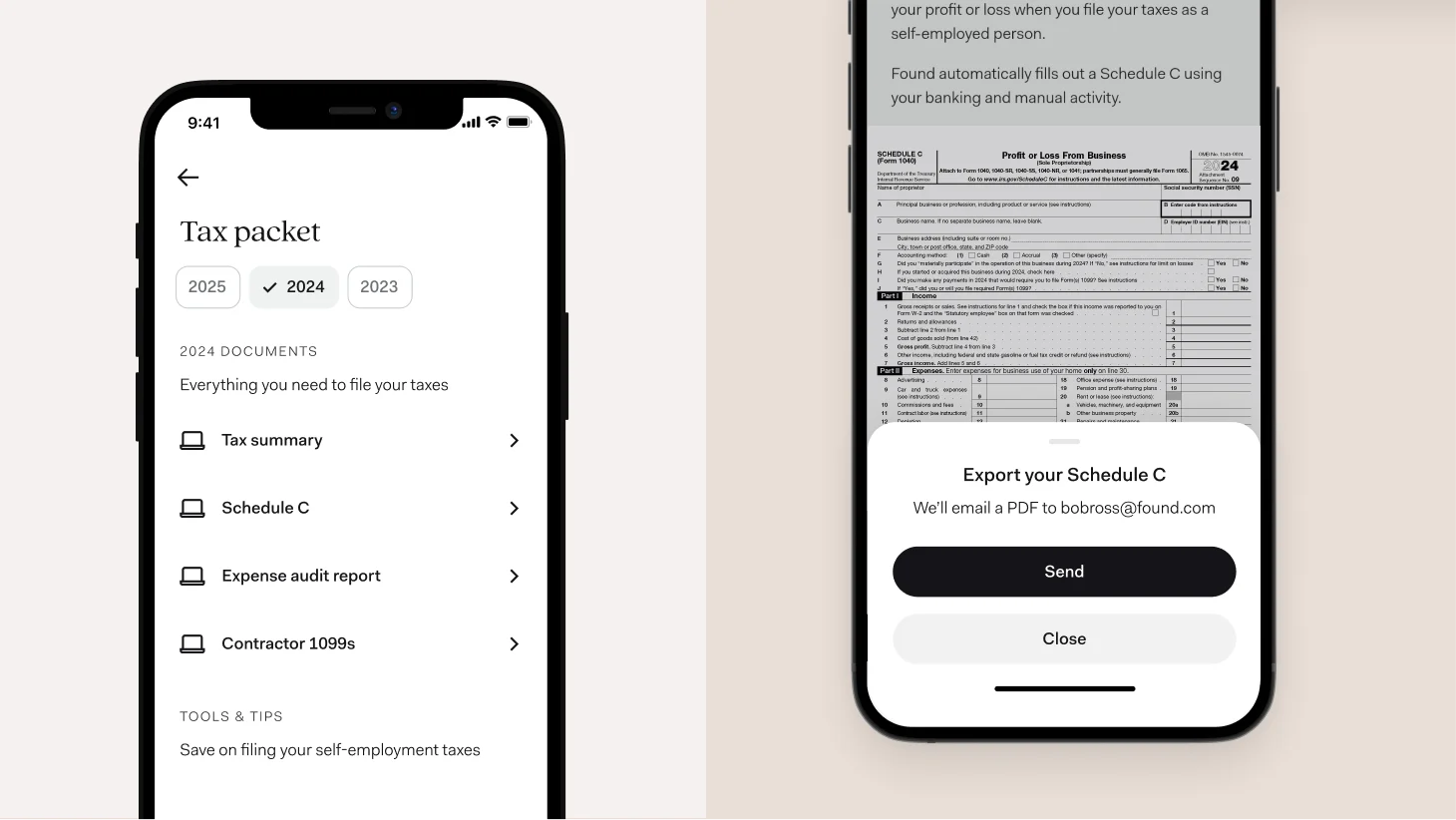 The Found app's tax packet screen beside a phone emailing a completed Schedule C as a PDF