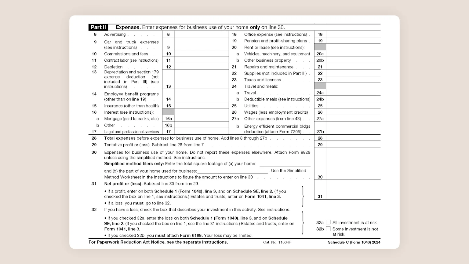 Schedule C Tax Form for Self-Employed Taxes Part II Expenses