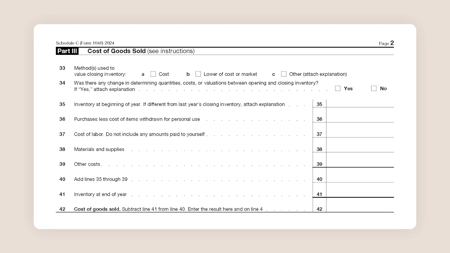 Schedule C Tax Form for Self-Employed Taxes Part III Cost of Goods Sold