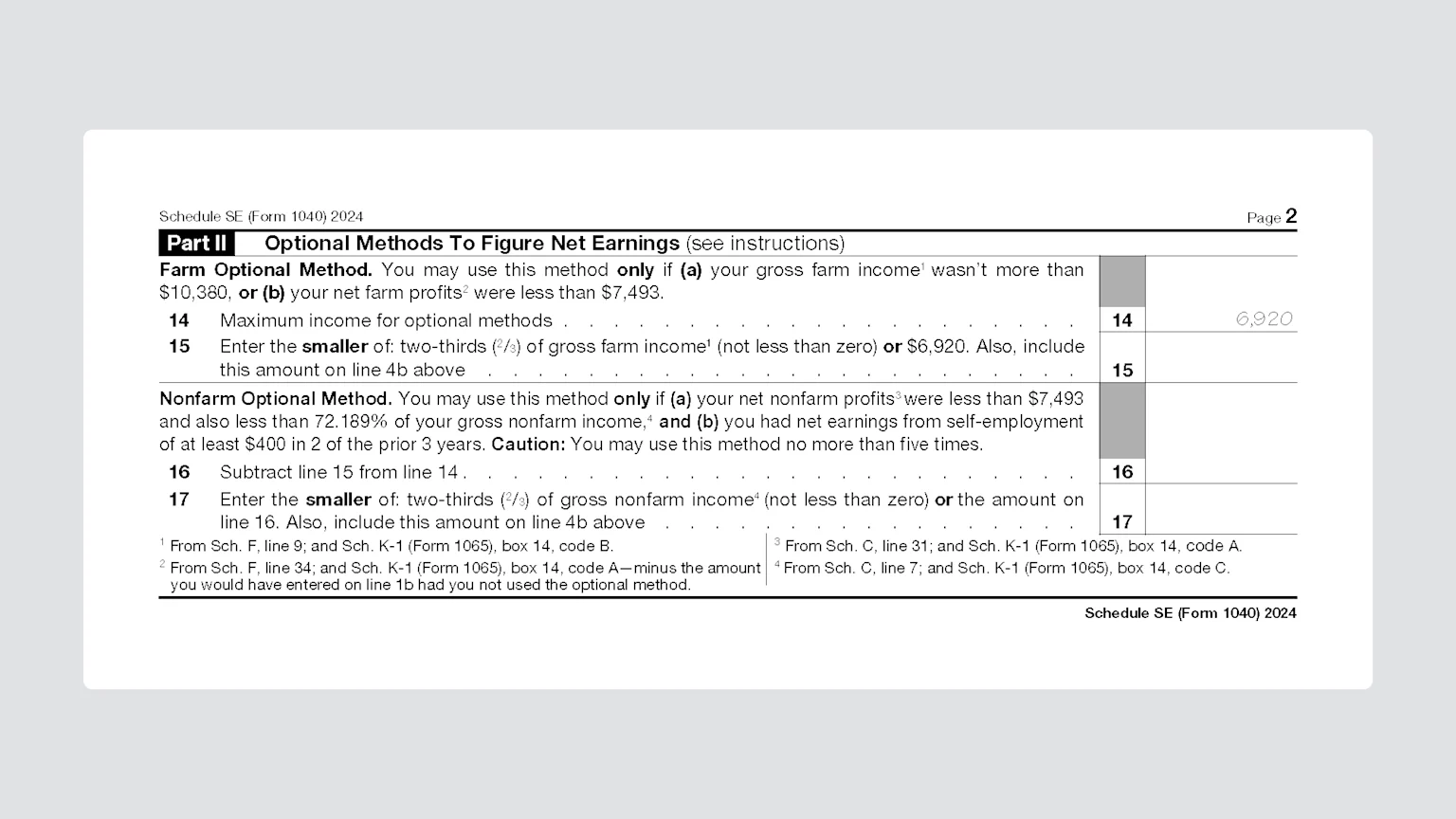 Part II of the 2024 Schedule SE, the farm and nonfarm optional methods for figuring net earnings, lines 14 to 17
