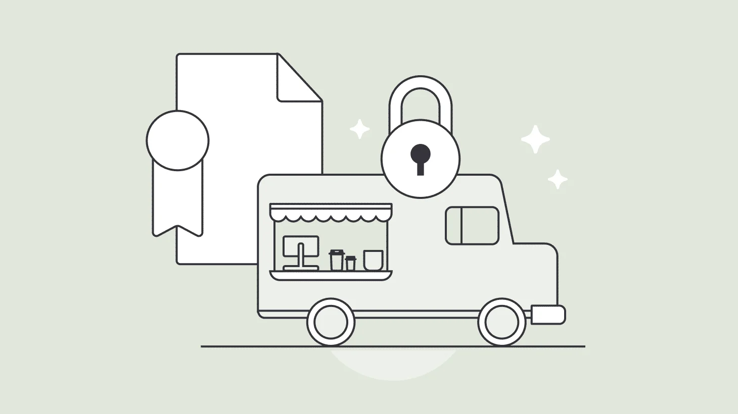 A locked padlock beside a certificate with a ribbon seal and a small food truck with an awning, illustrated in line art