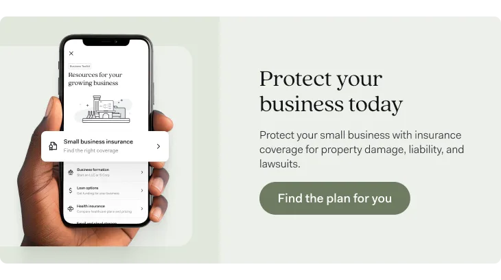A phone showing the Found app's business resources menu with Small business insurance, Business formation, Loan options, and Health insurance, beside text reading 'Protect your business today'