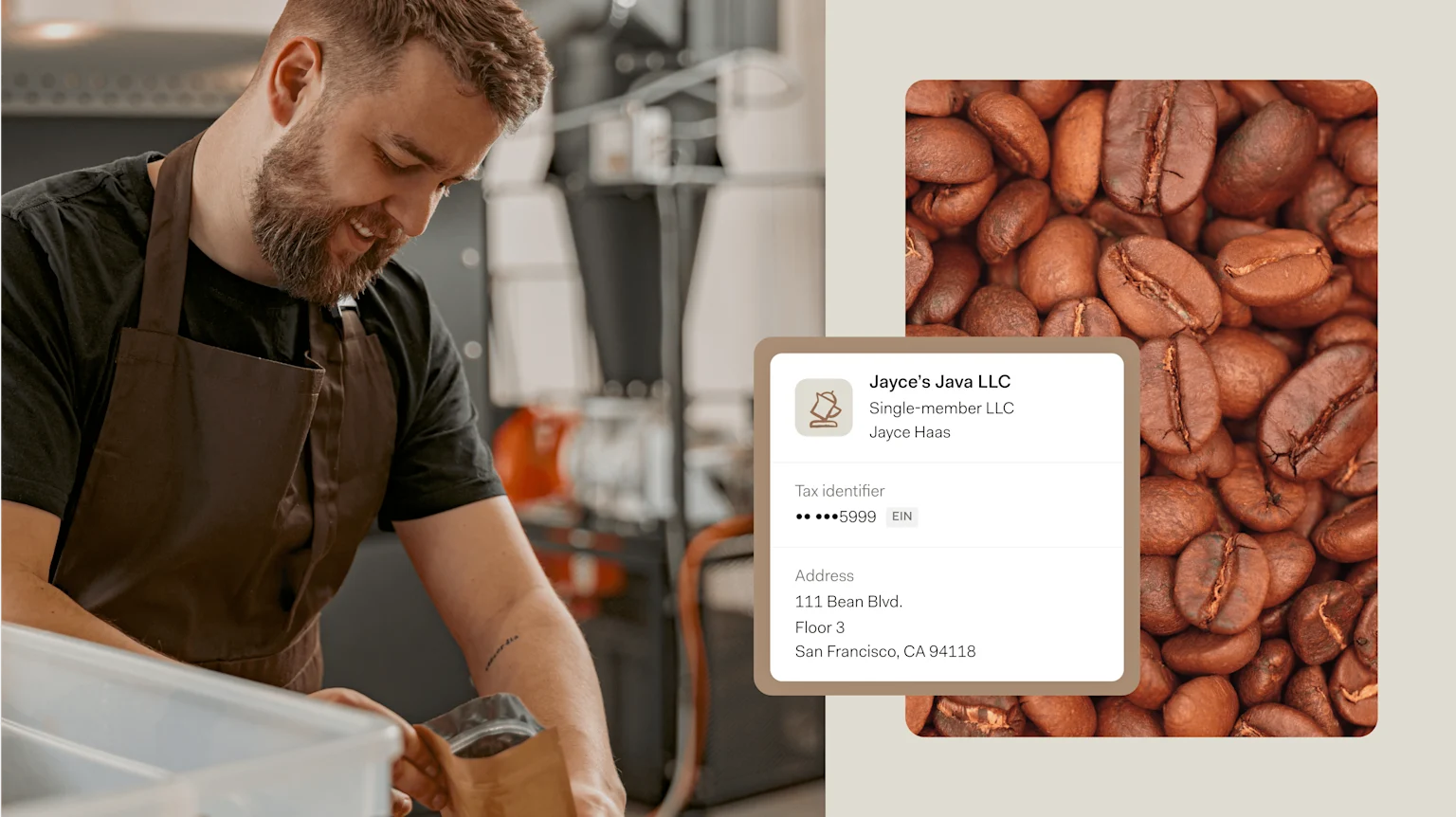 A coffee roaster beside a business profile card for Jayce's Java LLC, a single-member LLC with an EIN tax identifier and San Francisco address