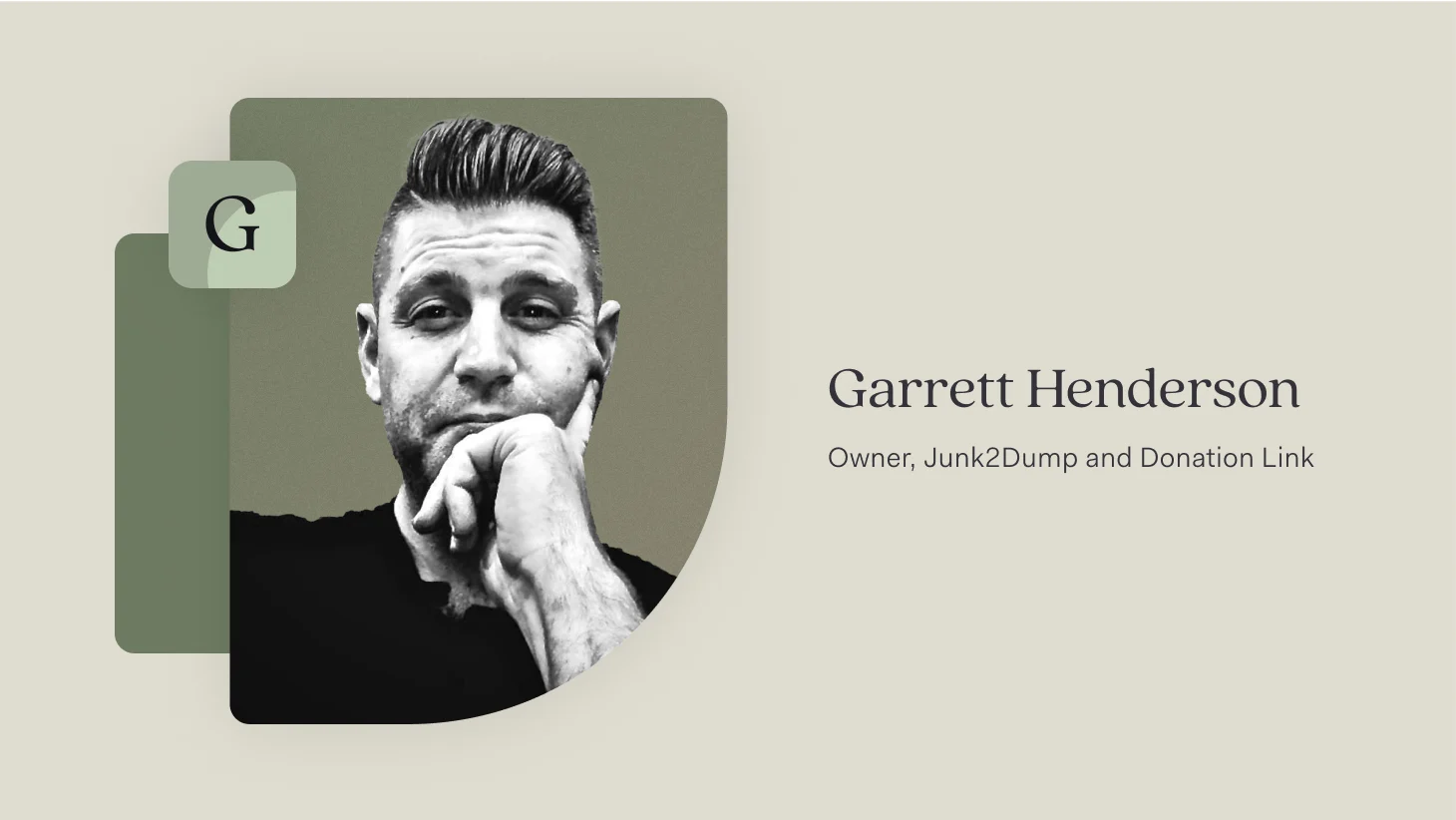 Black-and-white portrait of Garrett Henderson resting his chin on his hand against a green background