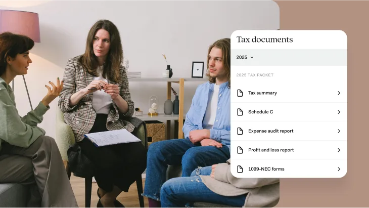 Three women in a modern office setting discussing something with a therapist. From left: a woman in a green sweater gesturing while speaking, a woman in a houndstooth blazer holding papers in the center, and a man in a light blue cardigan sitting on the right. A white interface panel overlays the image showing 'Tax documents' for 2025, with a menu of available documents including Tax summary, Schedule C, Expense audit report, Profit and loss report, and 1099-NEC forms, each with arrow indicators for navigation.