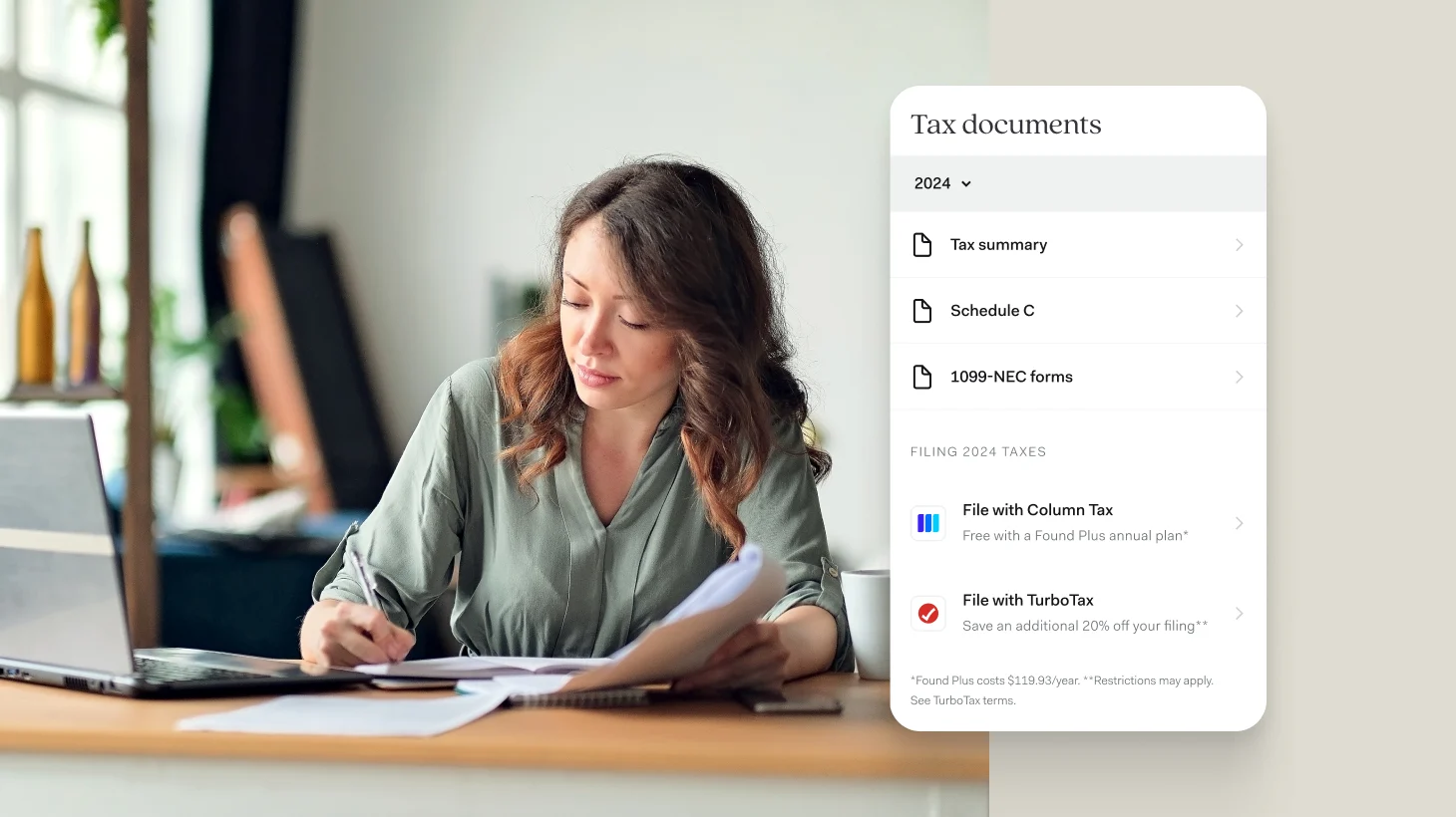 A business owner writing at her desk beside the Found app's tax documents screen, which lists a tax summary, Schedule C and 1099-NEC forms