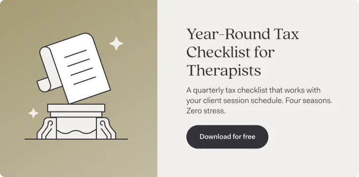 Illustration of a document being filed into a filing box with decorative stars, alongside text reading 'Year-Round Tax Checklist for Therapists' with the subtitle 'A quarterly tax checklist that works with your client session schedule. Four seasons. Zero stress.' A dark button labeled 'Download for free' appears below the text.