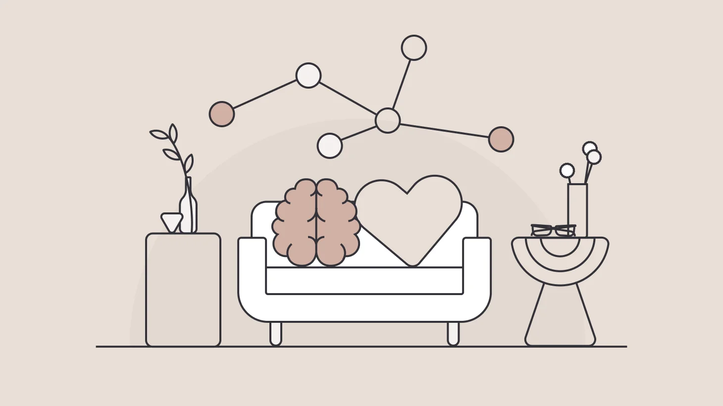 An armchair with brain-shaped and heart-shaped cushions, flanked by side tables, under a mobile of connected circles resembling a thought network
