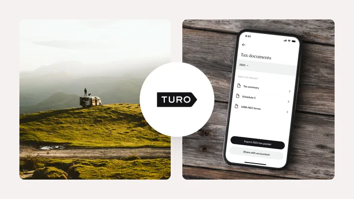 A misty hilltop overlook beside a phone screen listing a 2023 tax packet - tax summary, Schedule C, and 1099-NEC forms - with options to export or share with an accountant, and the Turo logo between them