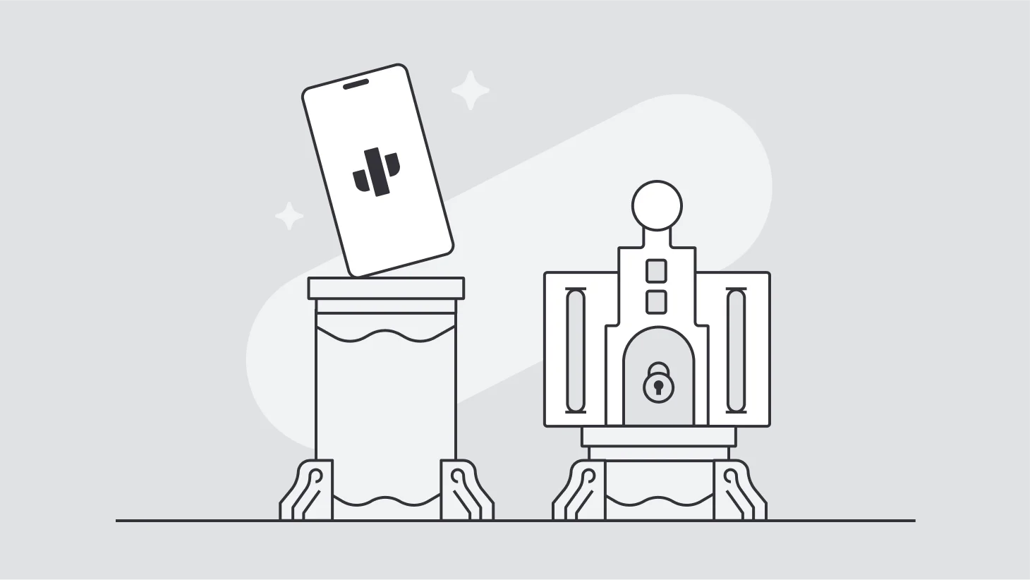 Line art illustration showing a smartphone displaying the Found logo on a podium next to an ornate trophy with a lock symbol, set against a light gray background with decorative sparkles.