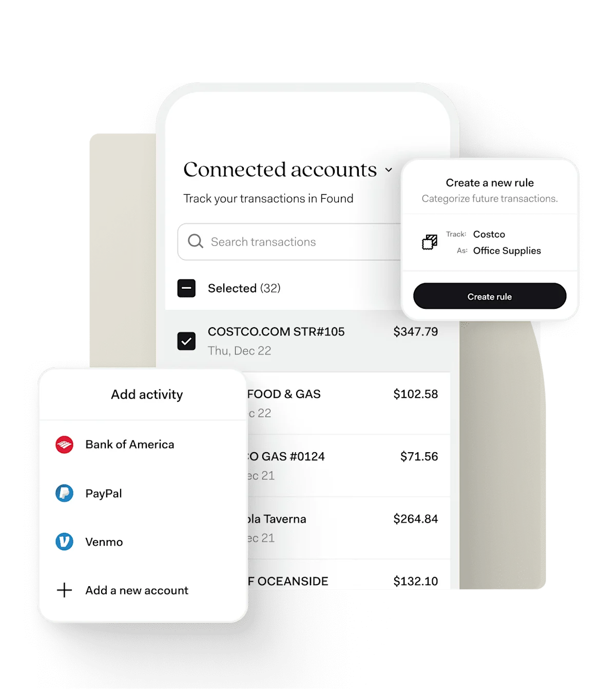 The Found app's Connected accounts screen listing synced Costco and gas station transactions, beside a card for adding a Bank of America, PayPal or Venmo account and one creating a rule that categorizes Costco as Office Supplies.
