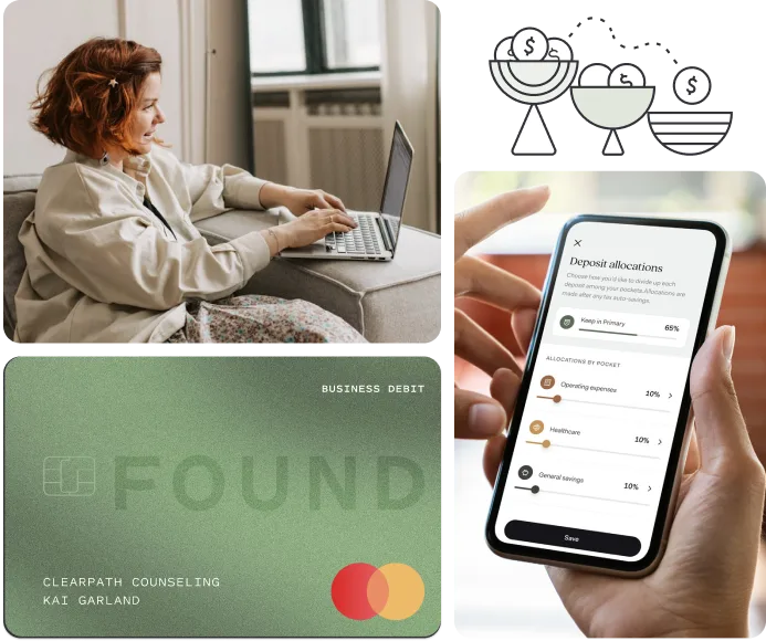 A therapist working on a laptop, a Found business debit card for a counseling practice, and the Found app showing deposit allocations on a phone