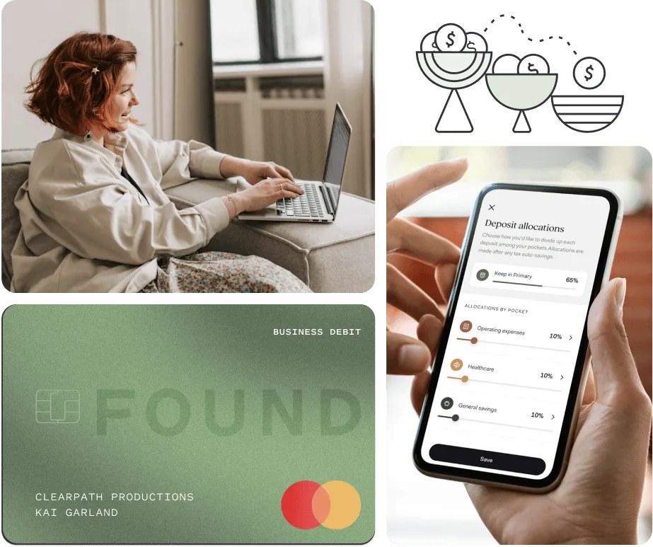 A woman working on a laptop from her couch, a green Found business debit card labeled Clearpath Productions – Kai Garland, and the Found app on a phone showing deposit allocation settings