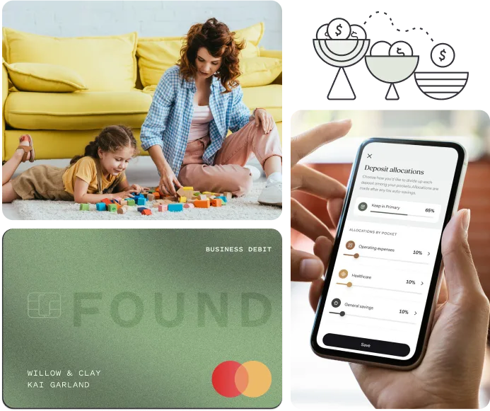 A nanny and the young girl she's babysitting play with colorful blocks on the floor, next to a Found business debit card, a mobile screen showing deposit allocation settings, and icons representing income distribution.