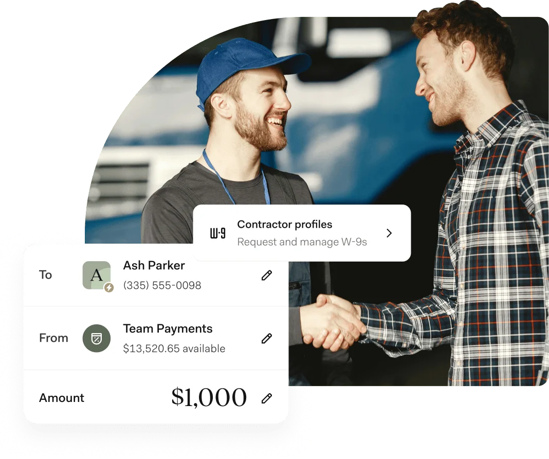 Two tradesmen shaking hands in front of a work truck, beside a $1,000 contractor payment to Ash Parker and a prompt to manage W-9 profiles