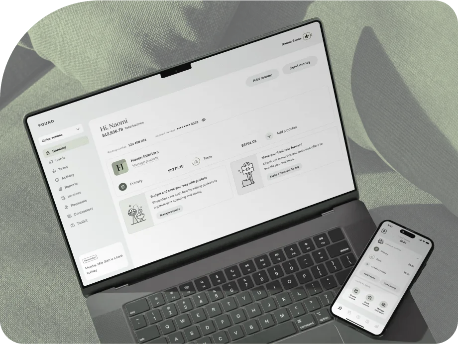 A laptop and phone showing the Found dashboard beside a green Found debit card