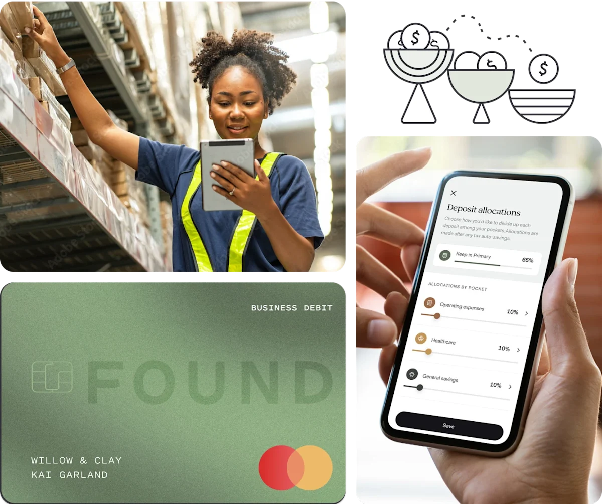 A warehouse worker in a hi-vis safety vest checks a tablet in a stocking aisle, a green Found business debit card, and the Found app showing deposit allocations on a phone