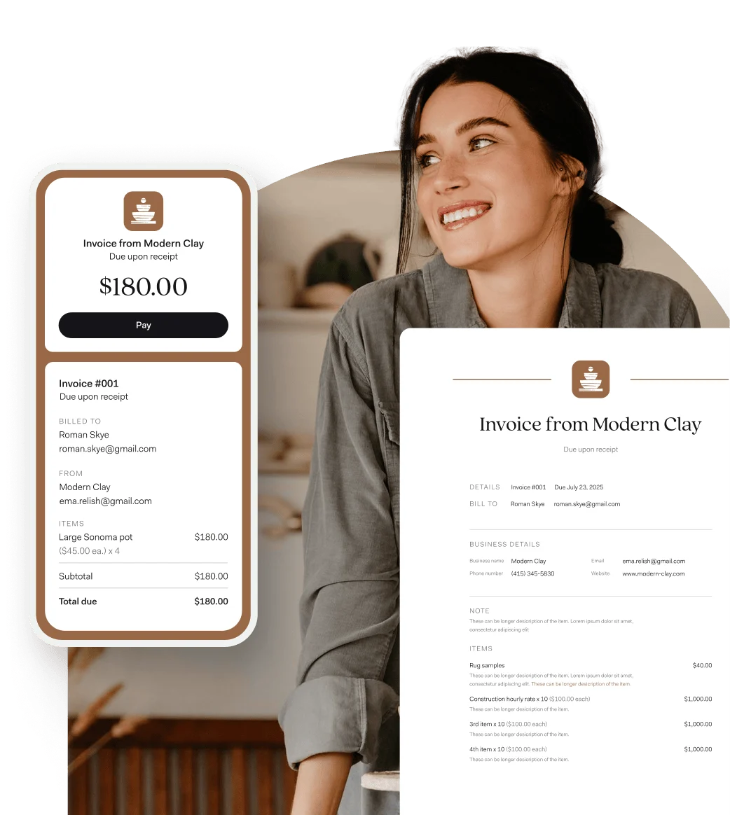 A ceramics business owner beside a Modern Clay invoice shown on a phone and a desktop screen, itemized with pottery and payment details