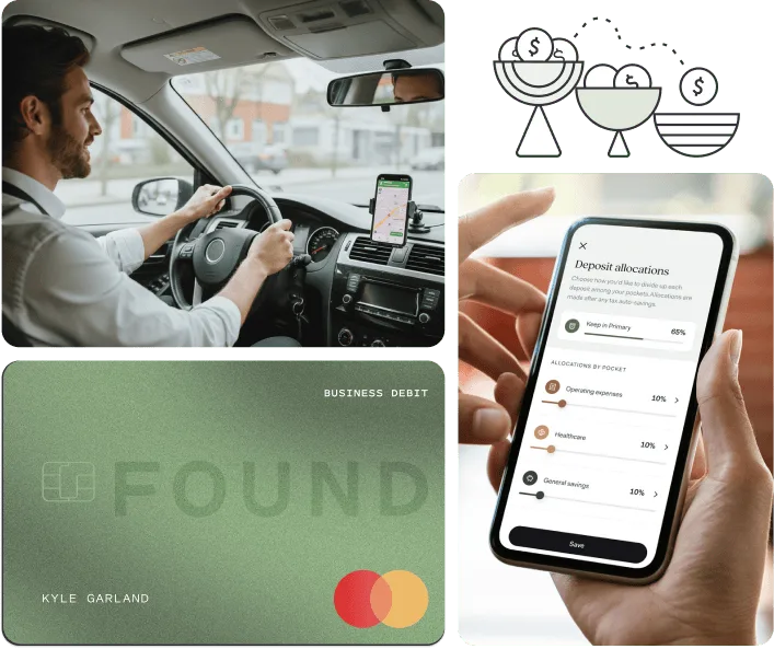 A driver at the wheel with a phone mounted on the dashboard, a green Found business debit card, and the Found app showing deposit allocations on a phone