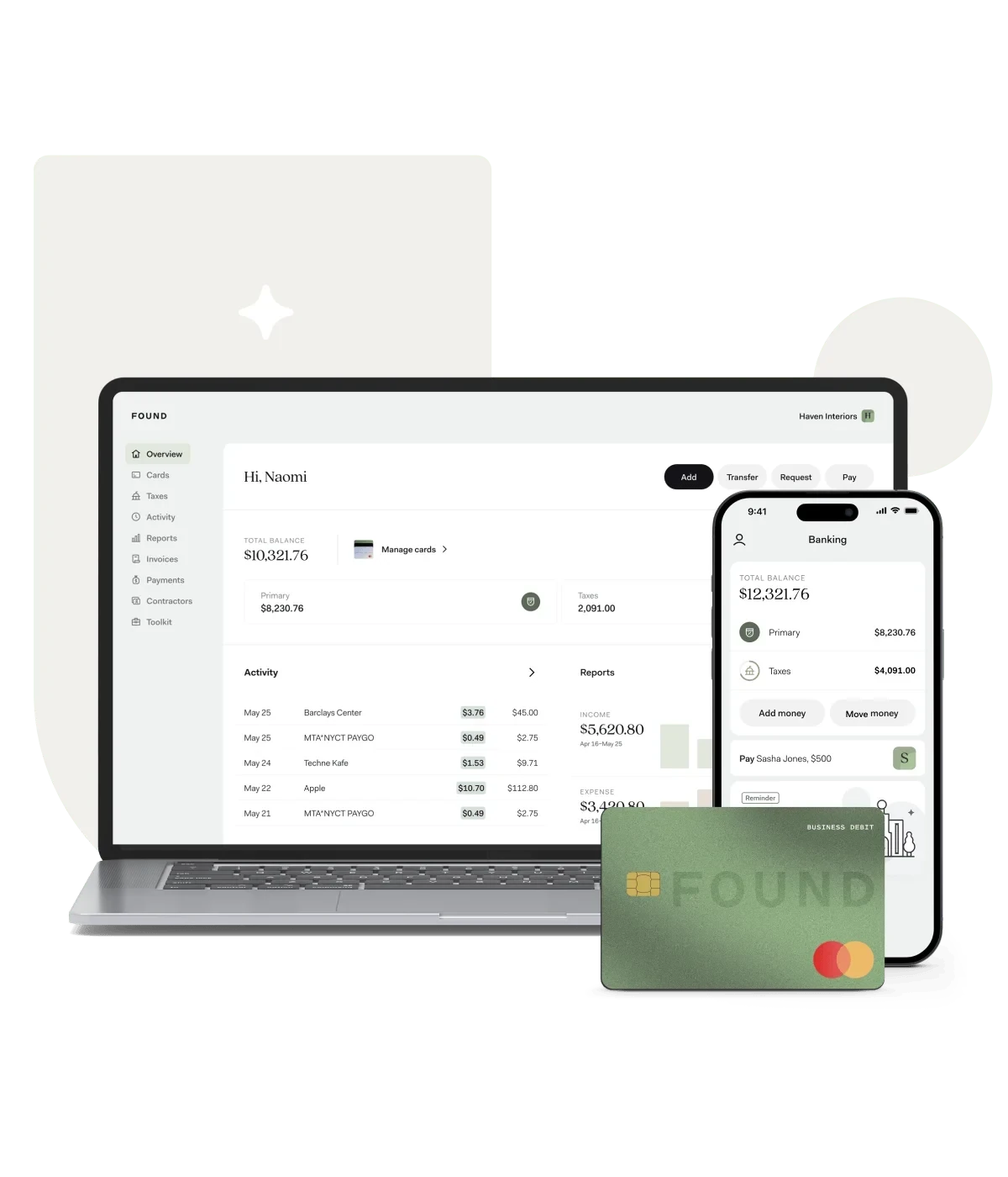 The Found business banking dashboard on a laptop, the Found app on a phone, and a green Found debit Mastercard