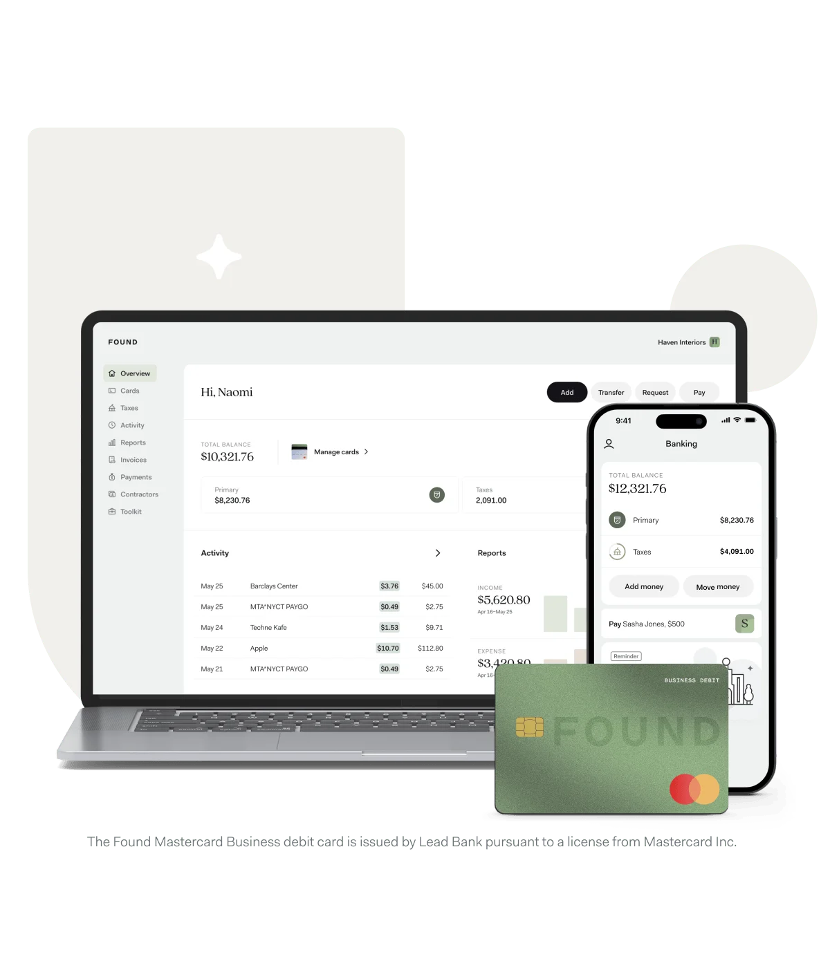 The Found banking dashboard on a laptop, the Found app on a phone, and a green Found debit card