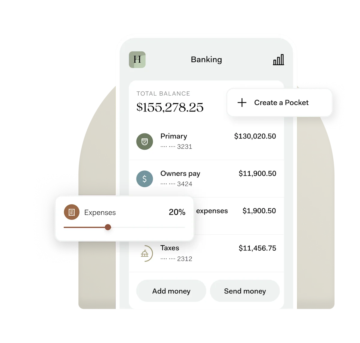 The Found app showing a total balance split across Primary, Owners pay and Taxes Pockets