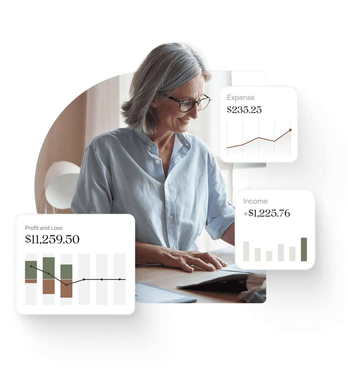 A business owner working at her desk, with profit and loss, expense and income cards from the Found app floating around her.