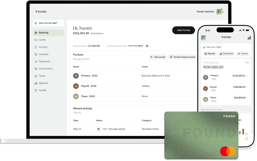 The Found app on a laptop and a phone showing a total balance, Pockets and recent activity, beside a green Found Mastercard business debit card
