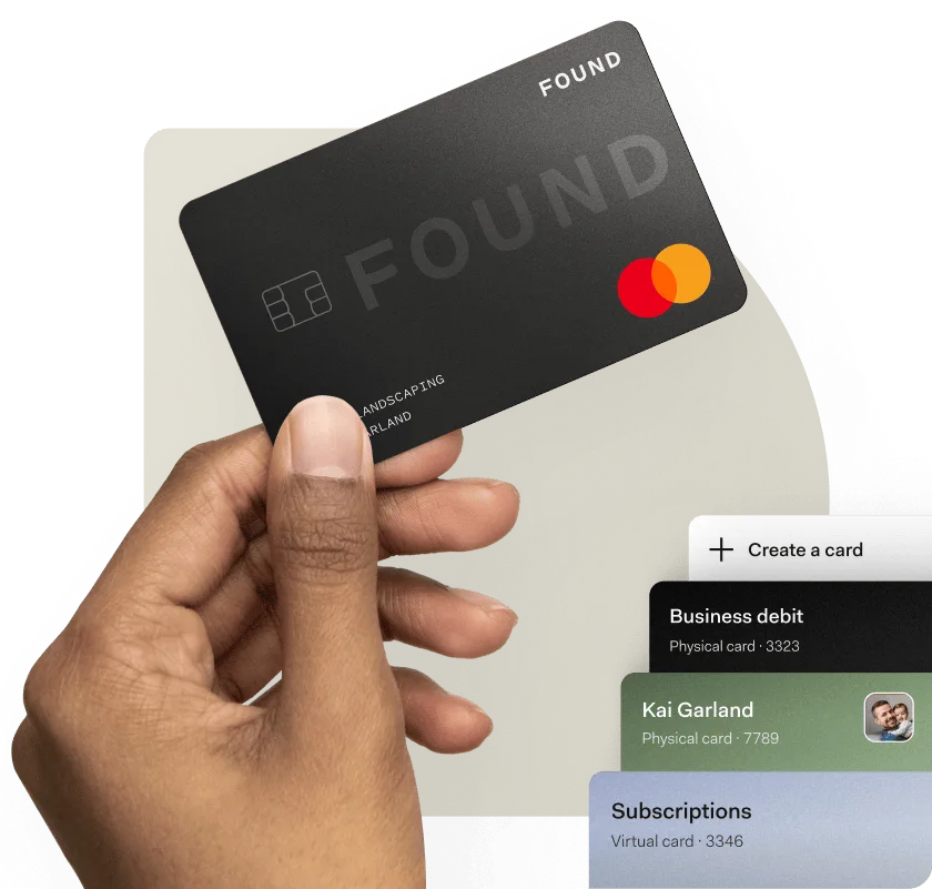 Found’s banking interface showing a user managing multiple cards, including a physical business debit card, a virtual card for subscriptions, and a physical card assigned to a team member.