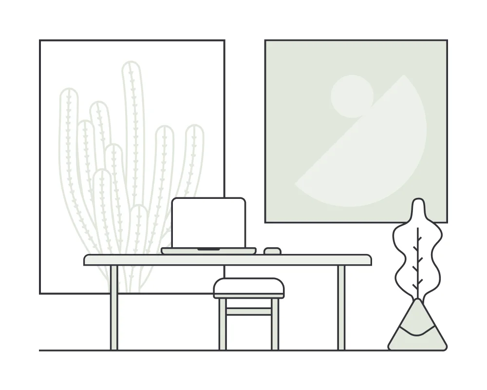 A line drawing of a closed laptop on a stand on a desk, a stool tucked underneath, a framed cactus print and an abstract print on the wall behind it and a potted plant to one side