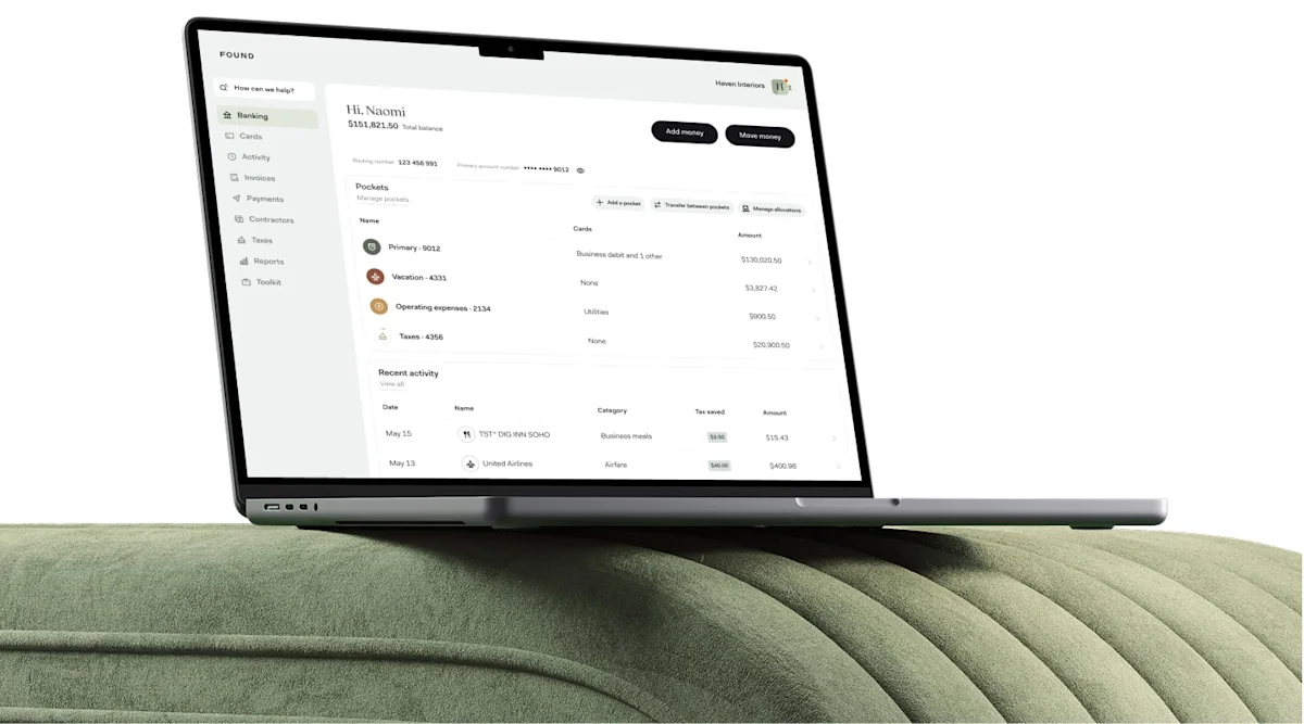 The Found dashboard on a laptop resting on a green sofa, showing Pockets and recent activity