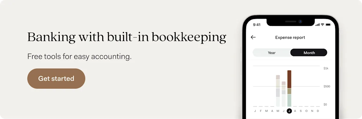 A banner reading 'Banking with built-in bookkeeping' and 'Free tools for easy accounting', with a 'Get started' button beside a phone showing a monthly expense report bar chart