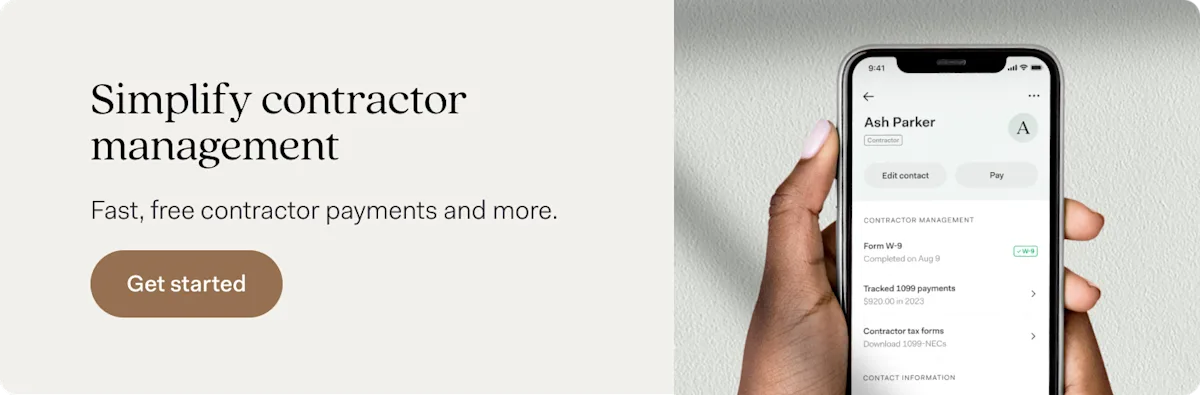 A phone showing a Found contractor profile with a completed Form W-9, $920 in 1099 payments tracked for 2023, and downloadable 1099-NEC tax forms