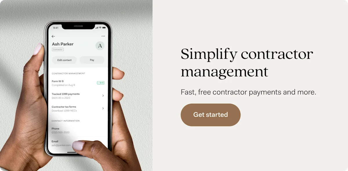 A phone showing a contractor profile for Ash Parker with a completed W-9, $920.00 in tracked 1099 payments for 2023, and downloadable 1099-NEC forms, beside the heading 'Simplify contractor management' and a 'Get started' button