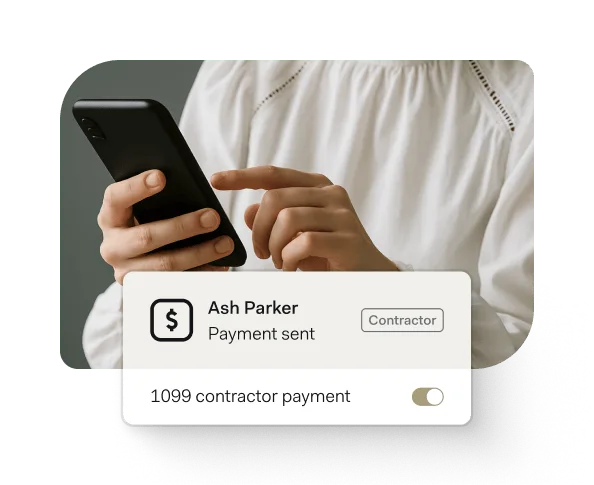 A person tapping through a payment on their phone, with a confirmation that the payment was sent and marked as a 1099 contractor payment