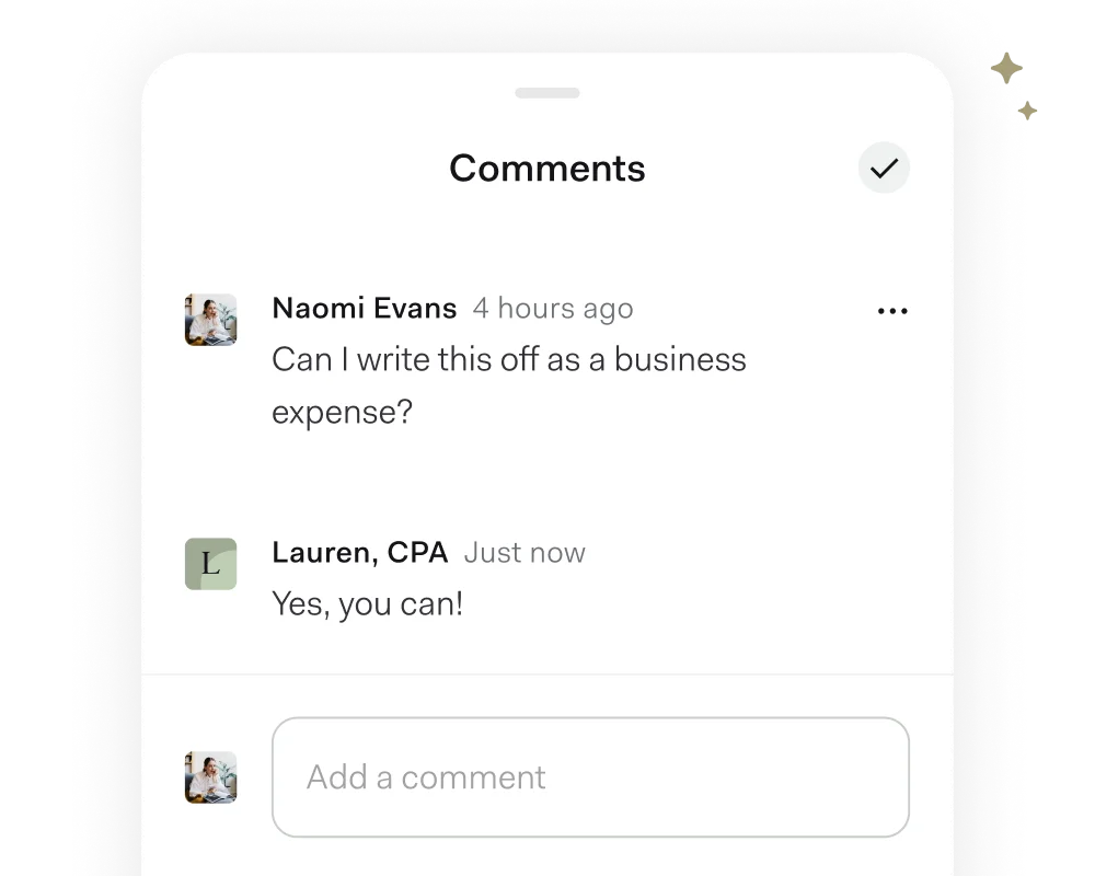 A comment thread on a transaction where a client asks whether it is a write-off and their CPA replies
