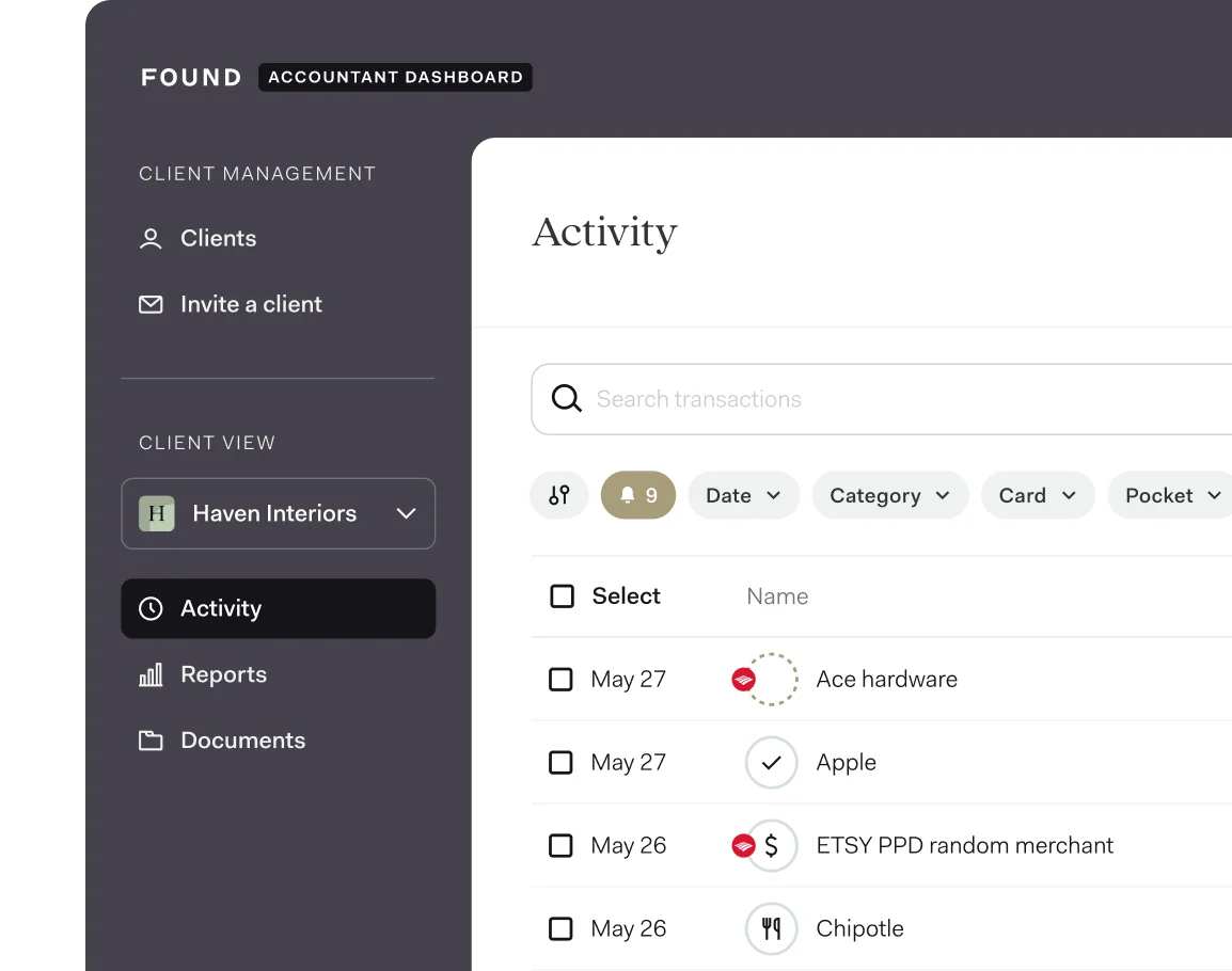The Found accountant dashboard, with a client picker beside that client's searchable, filterable transaction activity