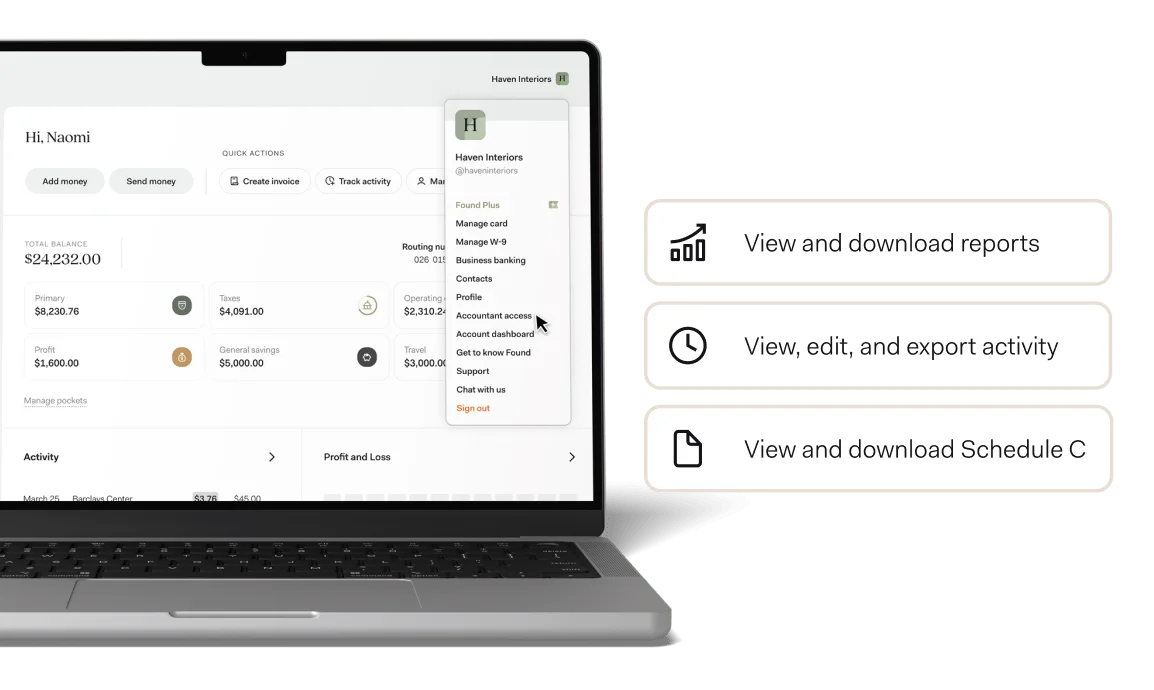 A client's Found account on a laptop with the accountant access menu open, beside cards for reports, activity and Schedule C