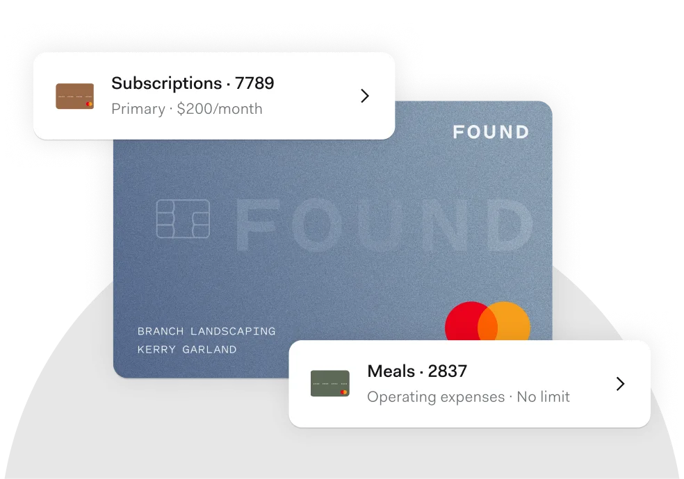 Blue Found card displayed with digital spending limits for subscriptions and meals, showcasing the app’s Pockets feature for budget control.