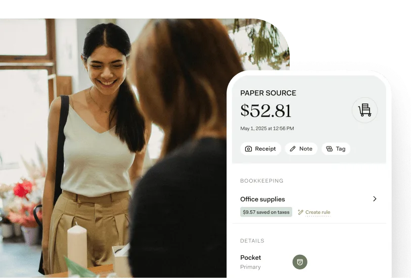 Customer checkout scene with a Found app screen showing a $52.81 purchase auto-categorized as office supplies for easy business expense tracking.