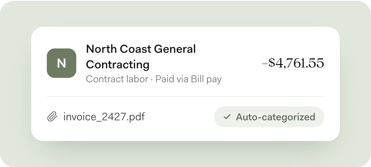 A transaction in the Found app for North Coast General Contracting, −$4,761.55, labelled Contract labor and paid via Bill pay, with invoice_2427.pdf attached and an auto-categorized tag