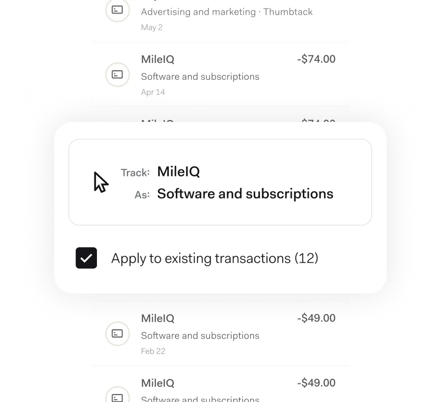 A Found transaction list with a prompt tracking a MileIQ charge as “Software and subscriptions” and offering to apply the category to twelve existing transactions