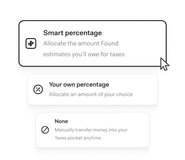 The Found app’s tax auto-saving screen with a percentage selector