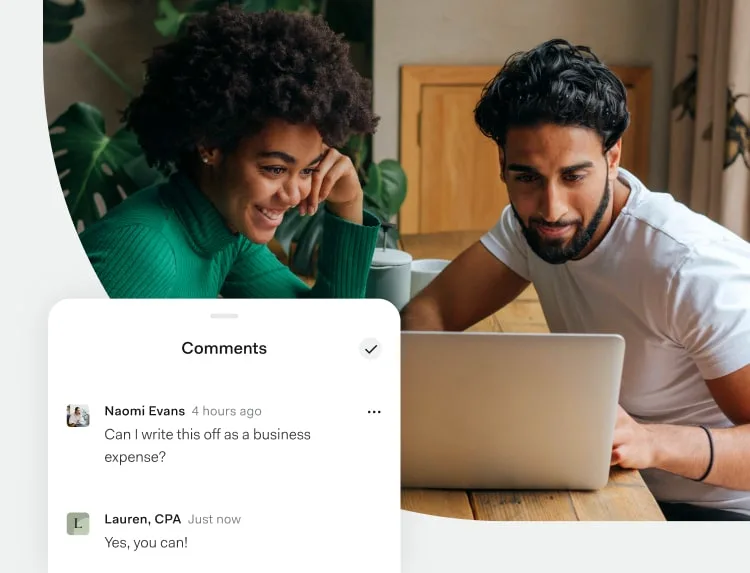 Two business owners at a laptop beside a comment thread in the Found app where their accountant confirms an expense can be written off.