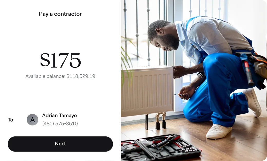 A “Pay a contractor” screen sending $175 to Adrian Tamayo from an available balance of $118,529.19, beside a photo of a technician in blue overalls kneeling to work on a radiator, an open toolbox on the floor beside him