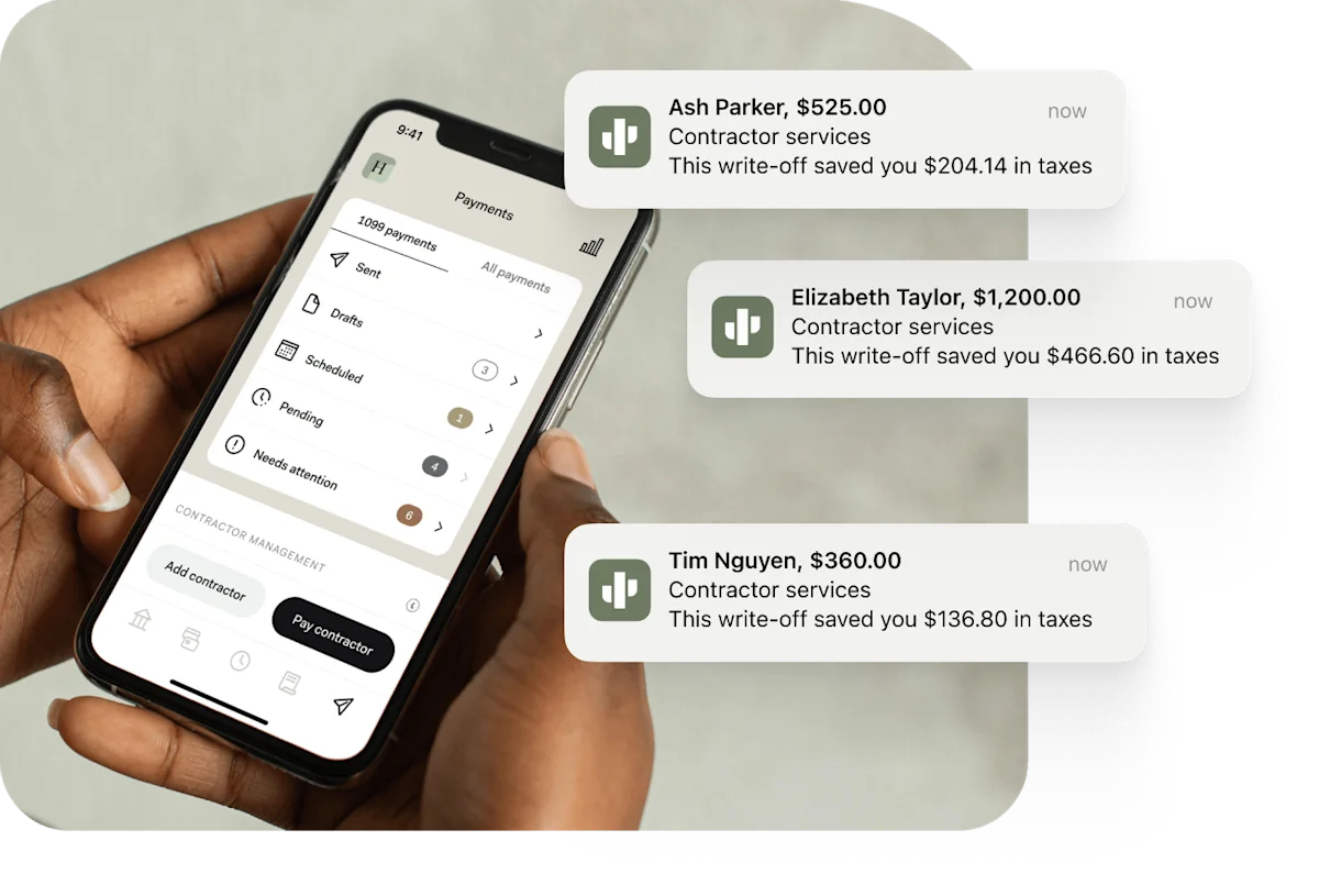 A $525.00 contractor payment to Ash Parker in the Found app, above a prompt to collect the W-9 that goes with it.