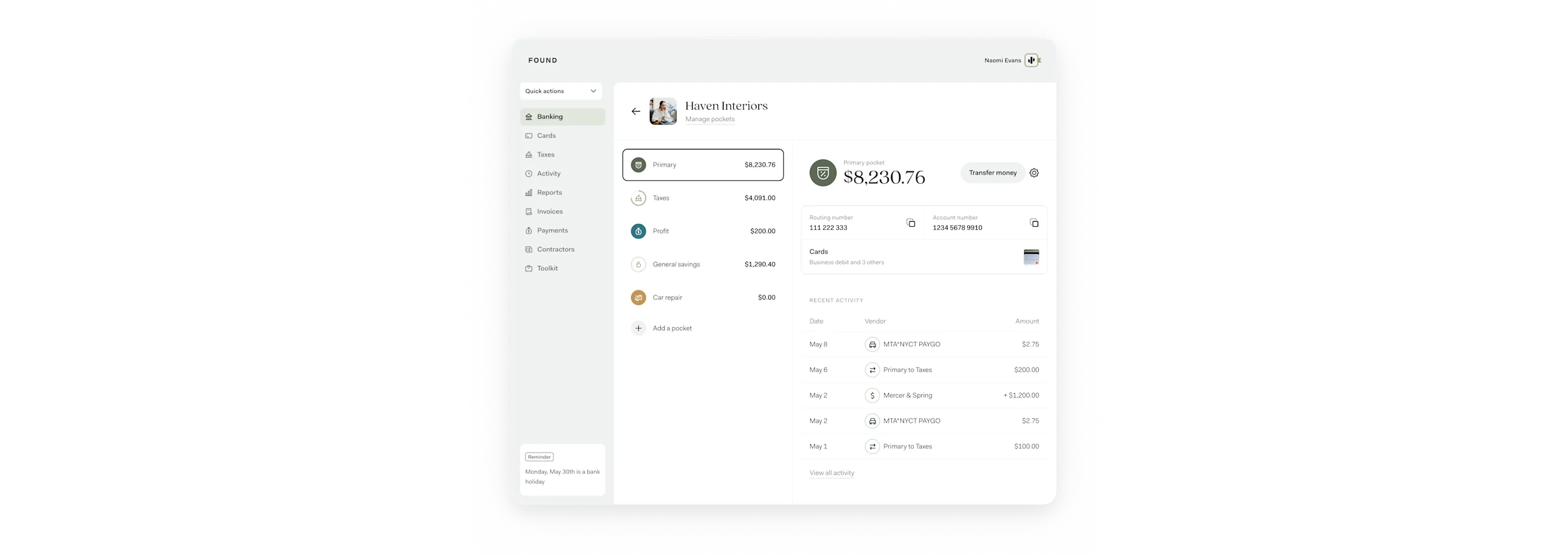 The Found desktop app's Banking screen for Haven Interiors, showing Primary, Taxes, Profit, General savings and Car repair Pockets beside the Primary pocket's balance, account and routing numbers and recent activity